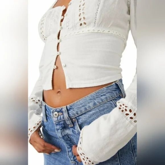 FREE PEOPLE Joi Eyelet Cropped Blouse White - Picture 6 of 9